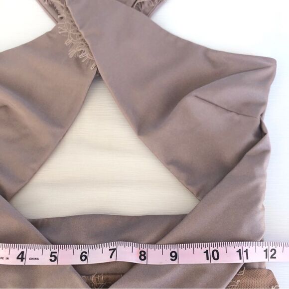 Michael Costello x REVOLVE Philip Midi Dress in Taupe Bodycon Lace Trim Halter - Picture 12 of 14